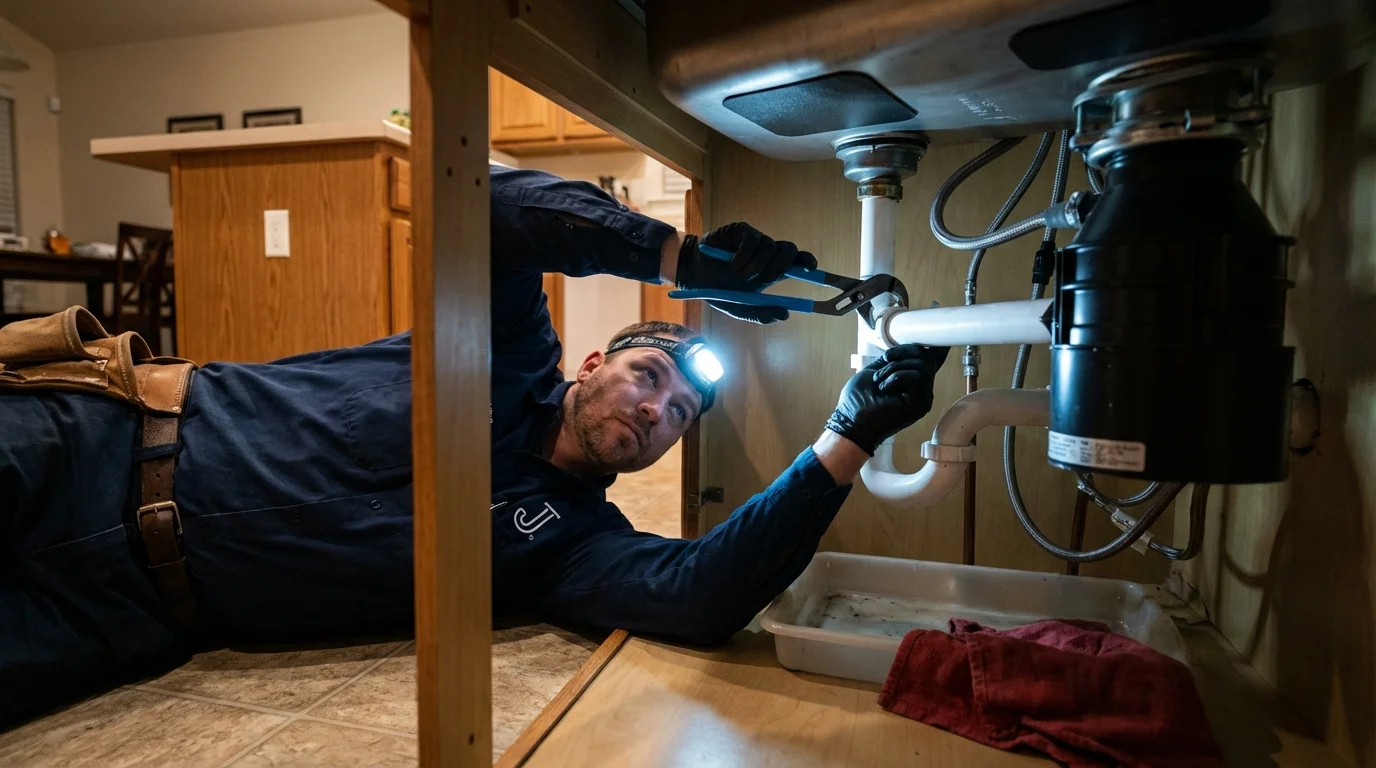 P-trap and supply line connections under a kitchen sink showing a common leak point in Manchester, GA